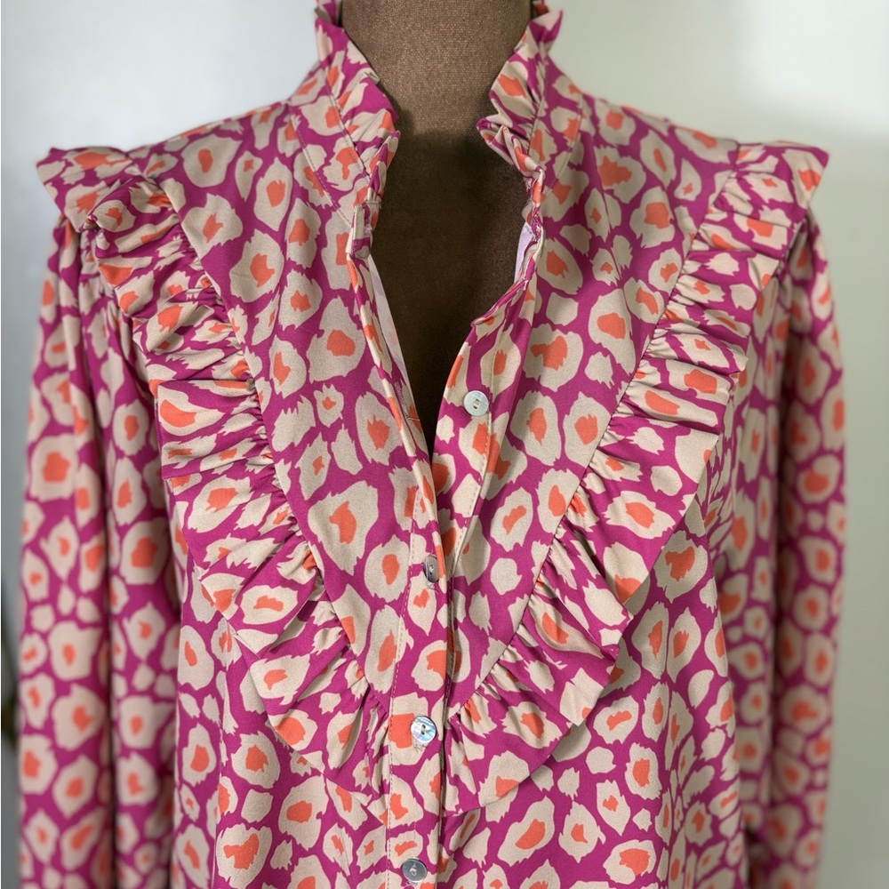 Michelle McDowell Women’s Sz L Printed Ruffle Collar Morgan Shift Dress pockets - Picture 5 of 8